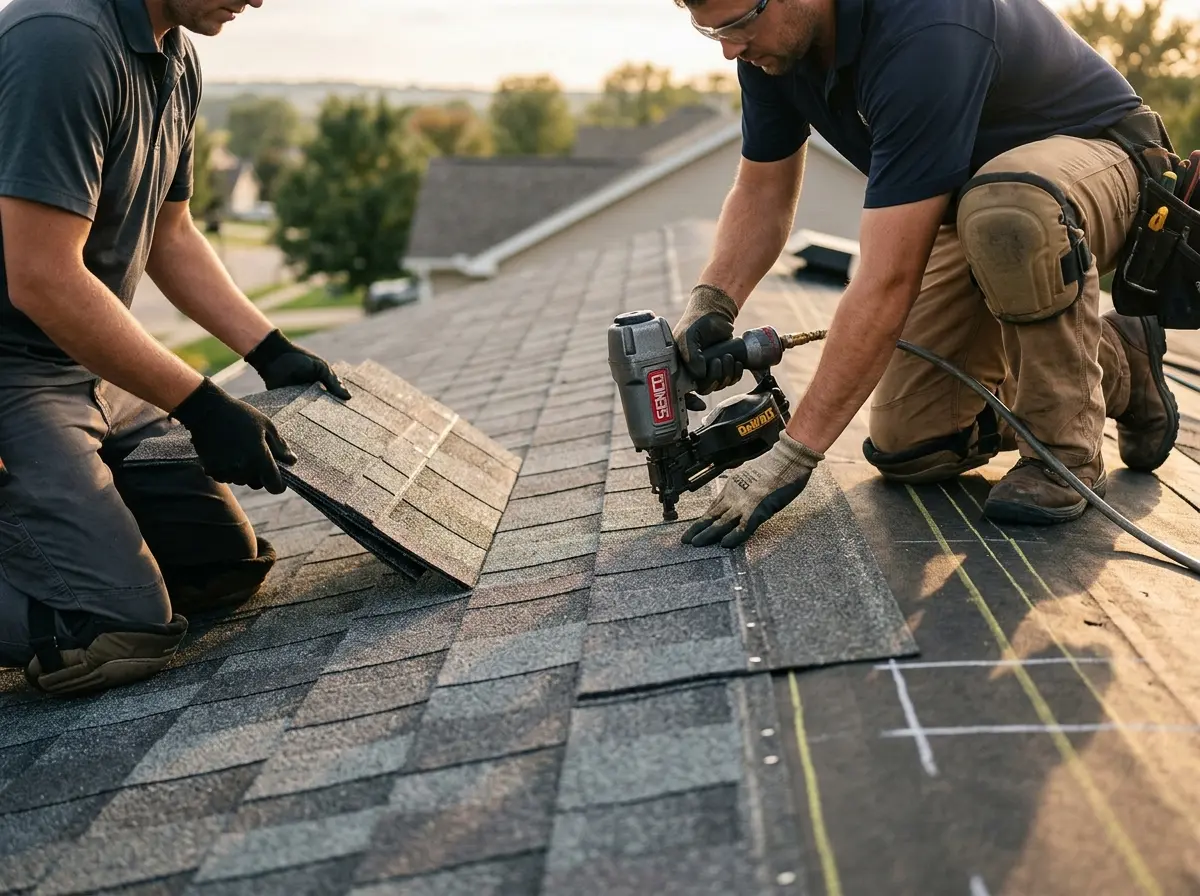 Professional roofer working on a residential roof in Grant-Valkaria